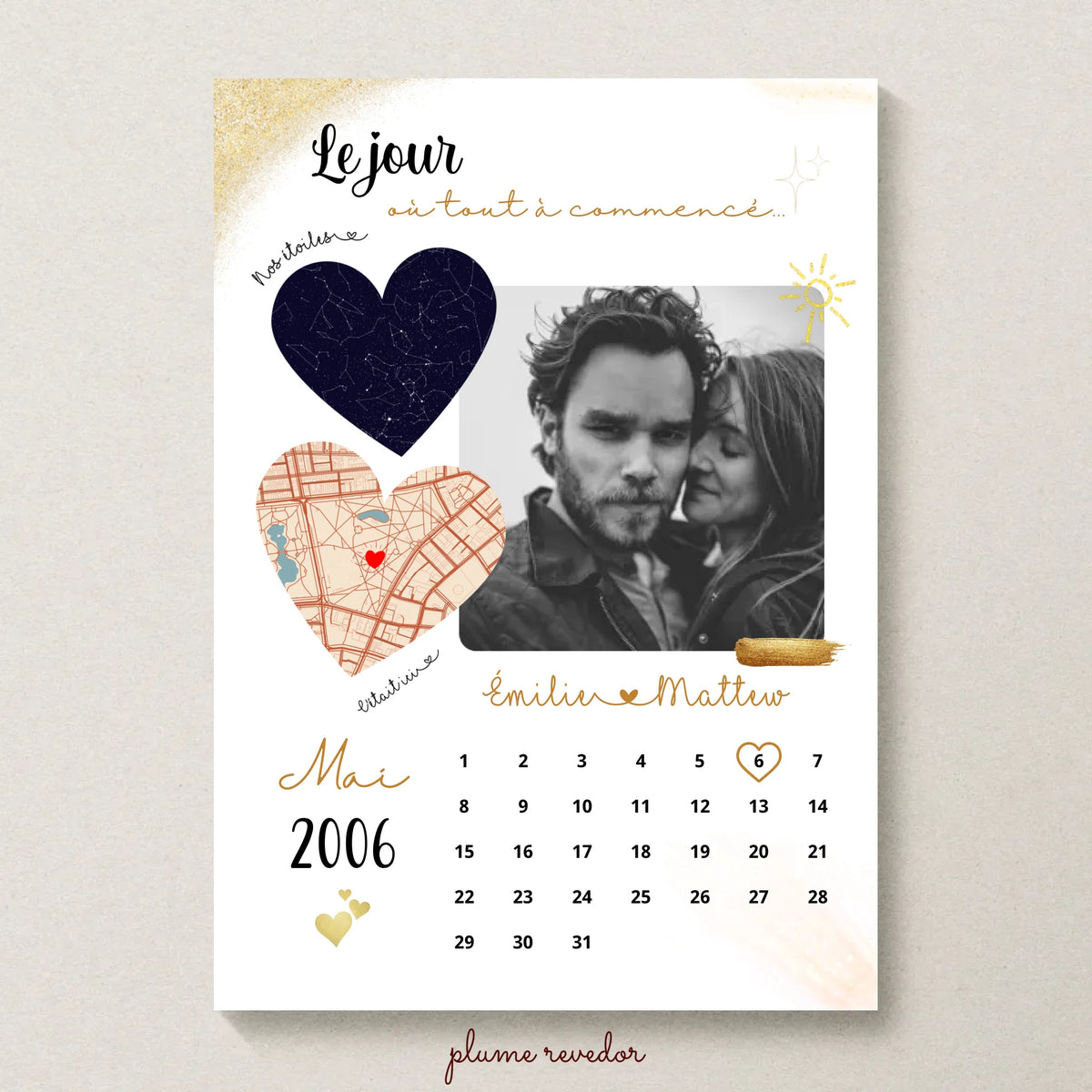 Affiche Personnalisée - couple Calendrier date, photo, Plan et Carte des étoiles