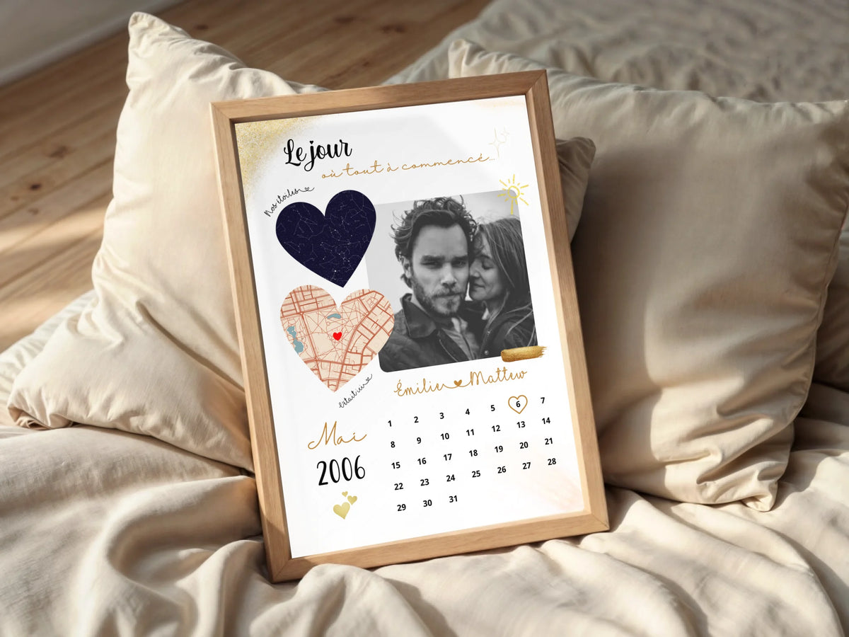 Affiche Personnalisée - couple Calendrier date, photo, Plan et Carte des étoiles