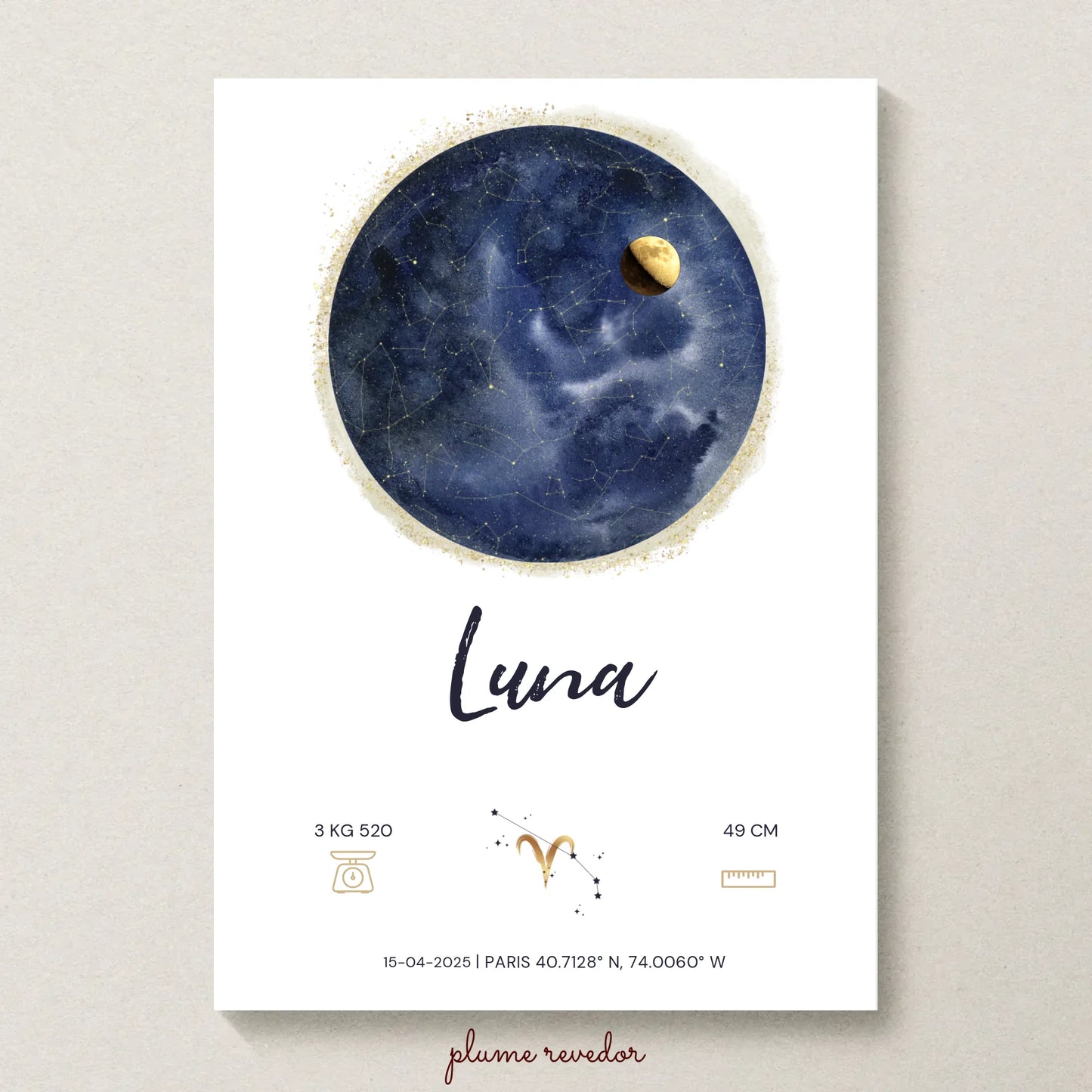 Affiche Personnalisée Naissance - Carte des étoiles avec Constellations, phase de la lune et signe astrologique