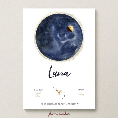 Affiche Personnalisée Naissance - Carte des étoiles avec Constellations, phase de la lune et signe astrologique