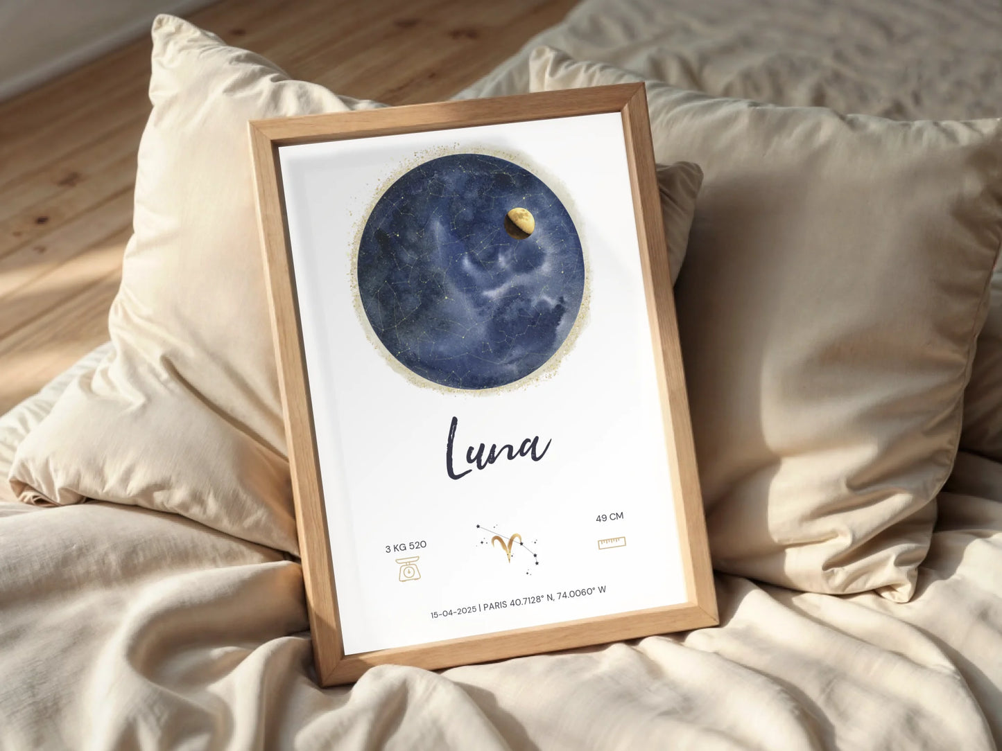 Affiche Personnalisée Naissance - Carte des étoiles avec Constellations, phase de la lune et signe astrologique