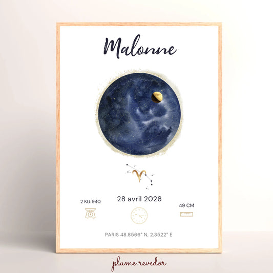 Affiche Naissance Personnalisée — Prénom, Heure, Poids et Taille avec Carte du Ciel