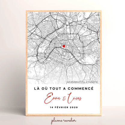 Affiche Couple Personnalisée Lieu de Rencontre - Carte "Là où tout a commencé"