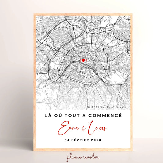 Affiche Couple Personnalisée Lieu de Rencontre - Carte "Là où tout a commencé"