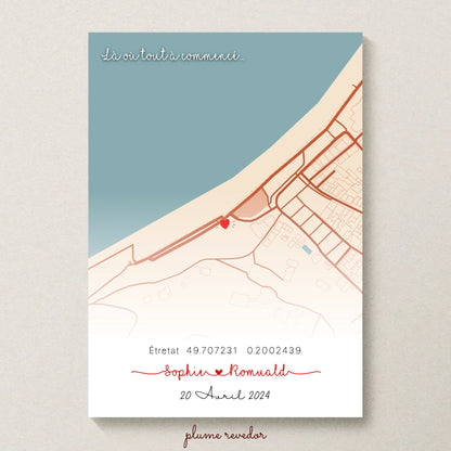 Affiche personnalisée - couple carte du lieu de rencontre - là où tout à commencé