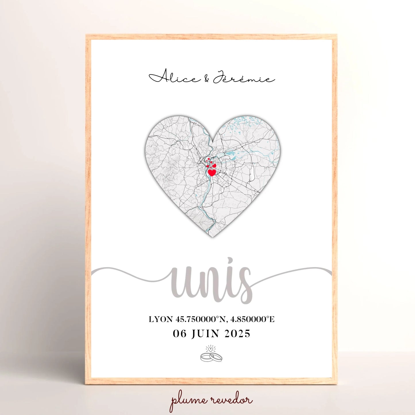 Affiche mariage personnalisée plan cœur – Prénoms du couple, lieu de mariage, coordonnées GPS et date – Cadeau souvenir mariage