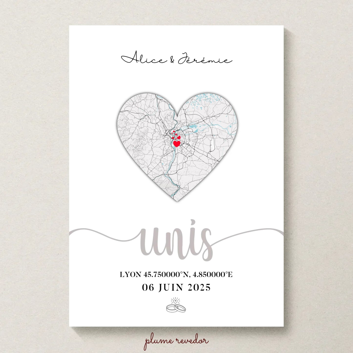 Affiche mariage personnalisée plan cœur – Prénoms du couple, lieu de mariage, coordonnées GPS et date – Cadeau souvenir mariage