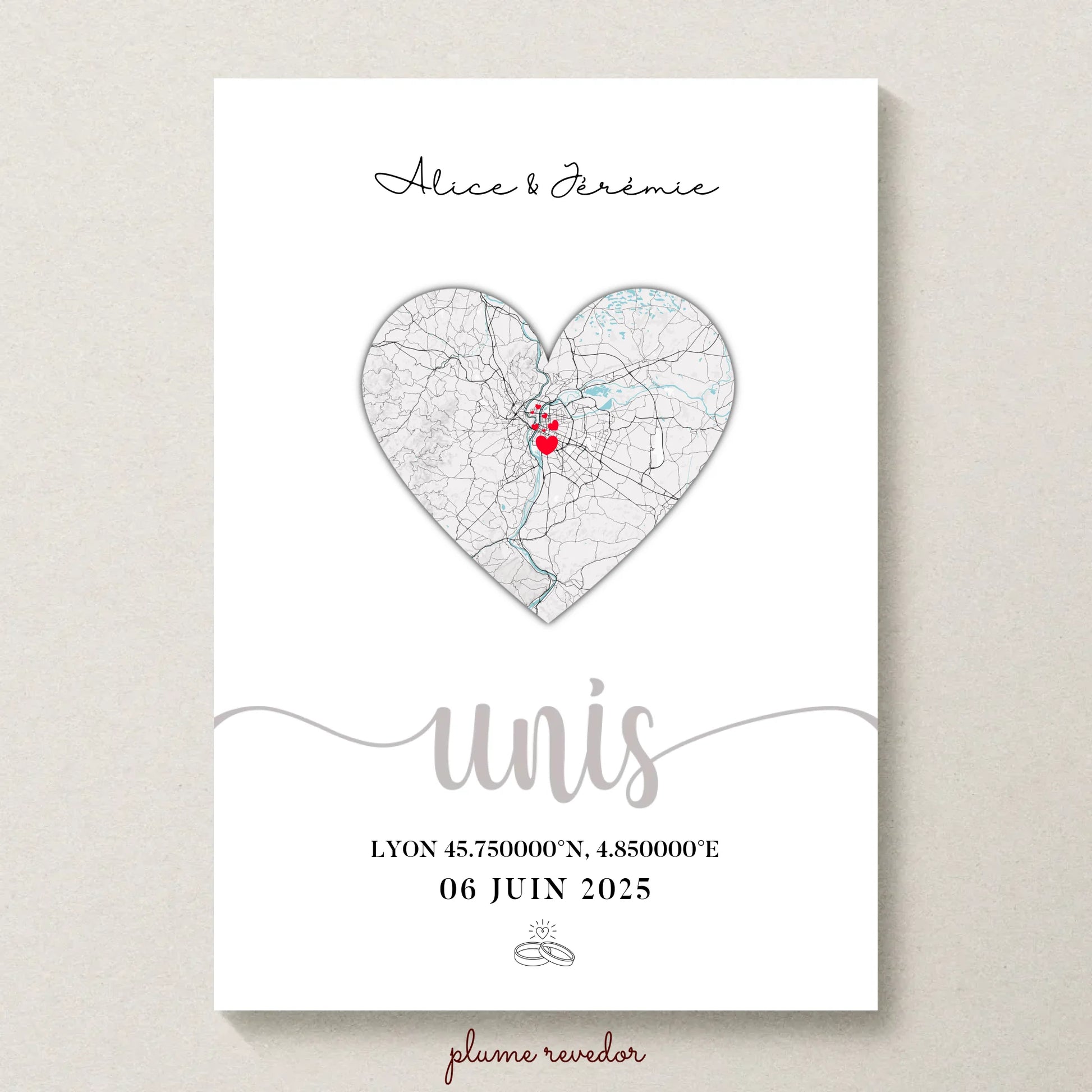 Affiche mariage personnalisée plan cœur – Prénoms du couple, lieu de mariage, coordonnées GPS et date – Cadeau souvenir mariage