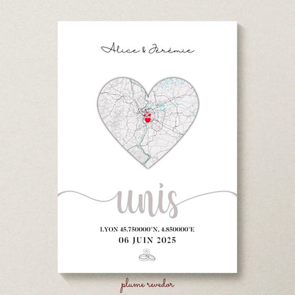 Affiche mariage personnalisée plan cœur – Prénoms du couple, lieu de mariage, coordonnées GPS et date – Cadeau souvenir mariage