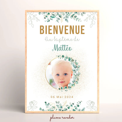 Affiche personnalisée Baptême ou Anniversaire Bienvenue "Eucalyptus OR"  