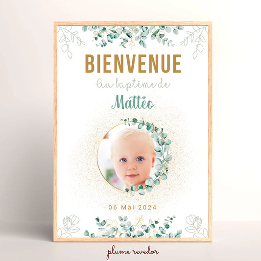 Affiche personnalisée Baptême ou Anniversaire Bienvenue "Eucalyptus OR"  