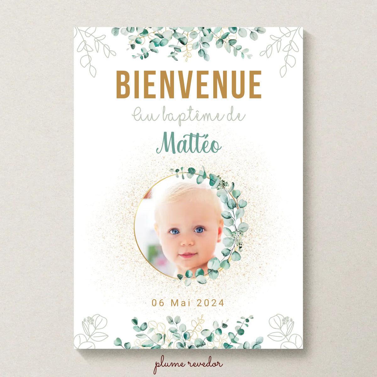 Affiche personnalisée Baptême ou Anniversaire Bienvenue "Eucalyptus OR"  