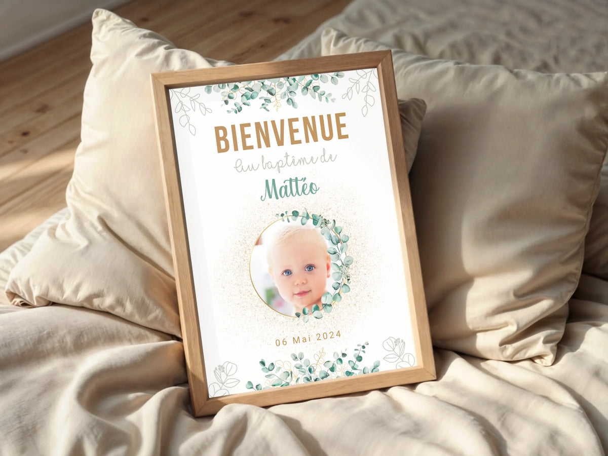 Affiche personnalisée Baptême ou Anniversaire Bienvenue "Eucalyptus OR"  