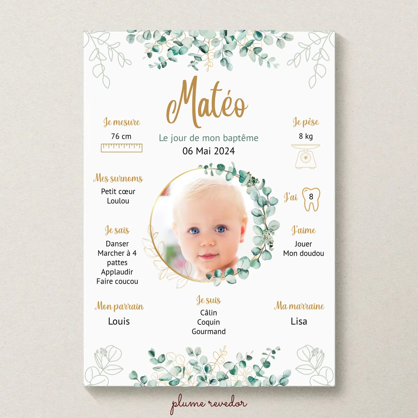 Affiche personnalisée Baptême ou Anniversaire eucalyptus