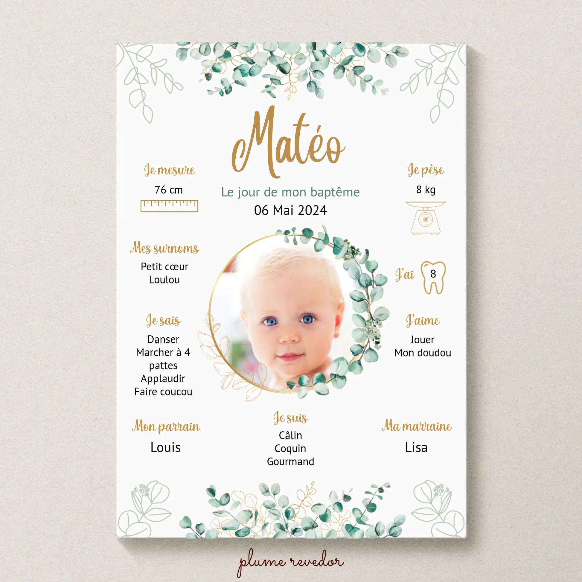 Affiche personnalisée Baptême ou Anniversaire eucalyptus