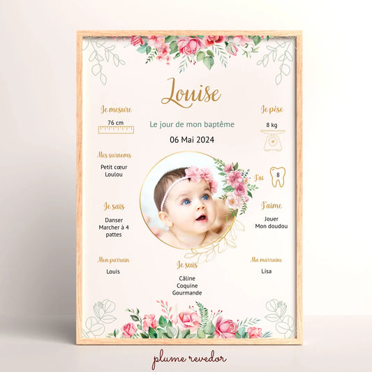Affiche personnalisée Baptême ou Anniversaire "Bohème Roses"