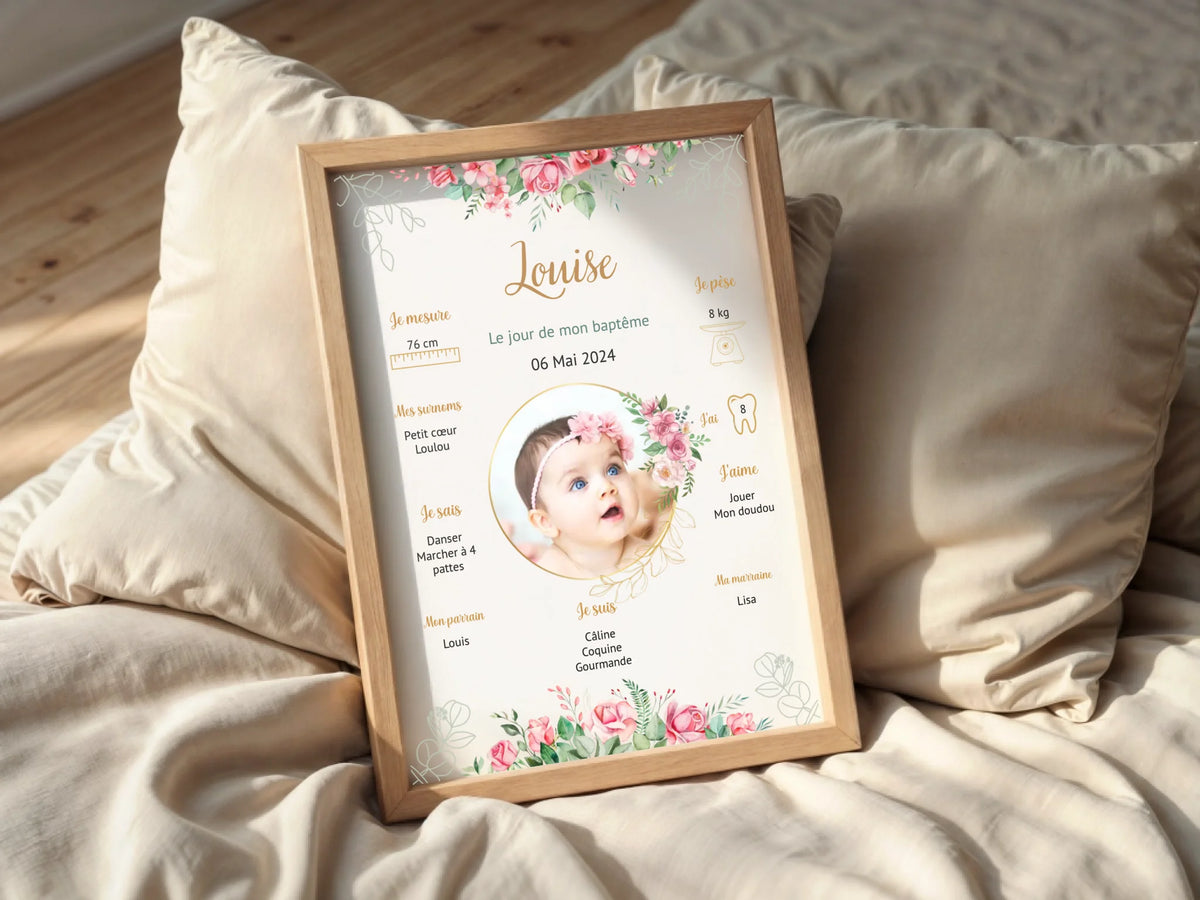 Affiche personnalisée Baptême ou Anniversaire "Bohème Roses"