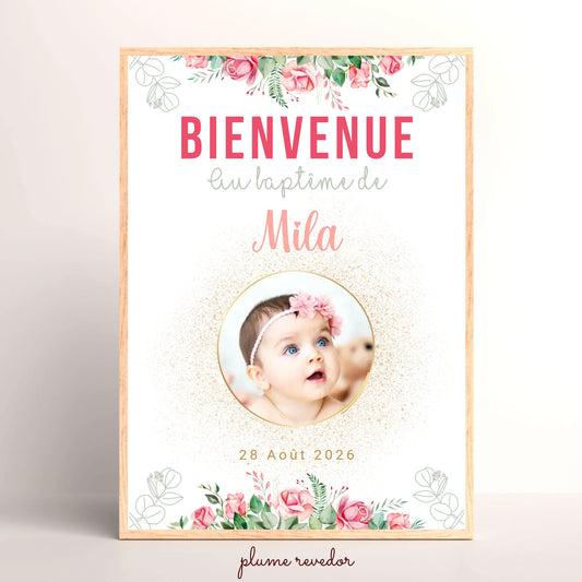 Affiche personnalisée Baptême ou Anniversaire Bienvenue "Bohème Roses" 