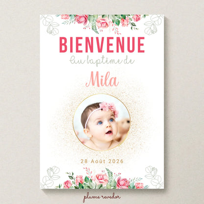 Affiche personnalisée Baptême ou Anniversaire Bienvenue "Bohème Roses" 