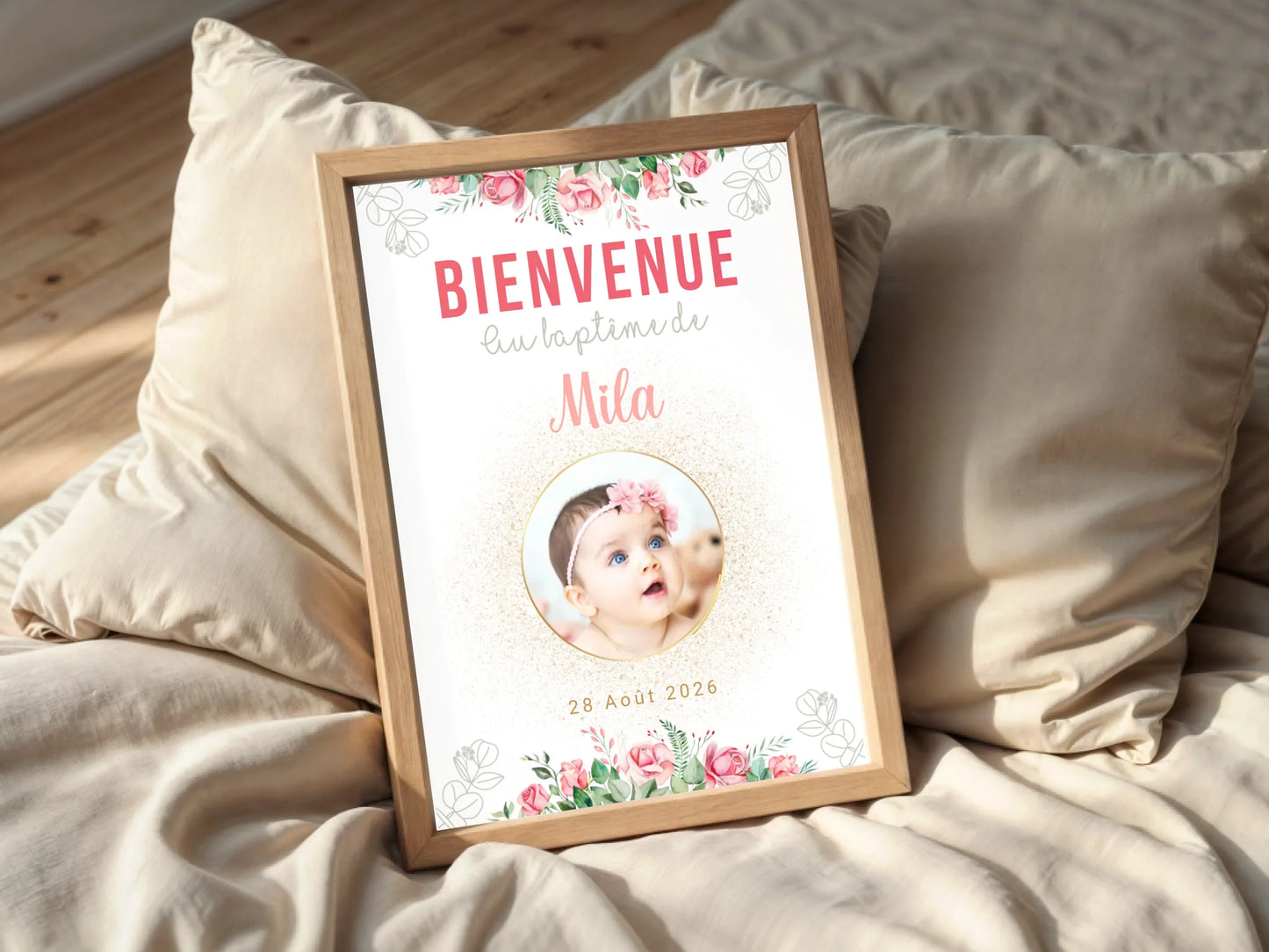 Affiche personnalisée Baptême ou Anniversaire Bienvenue "Bohème Roses" 