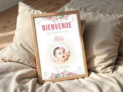 Affiche personnalisée Baptême ou Anniversaire Bienvenue "Bohème Roses" 
