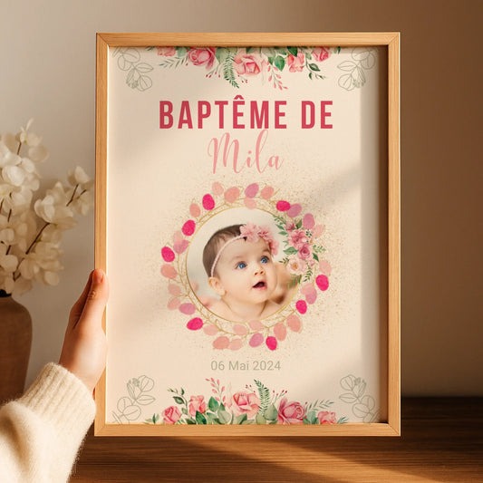 Affiche personnalisée Baptême ou Anniversaire arbre à empreintes baptême "Bohème Roses"