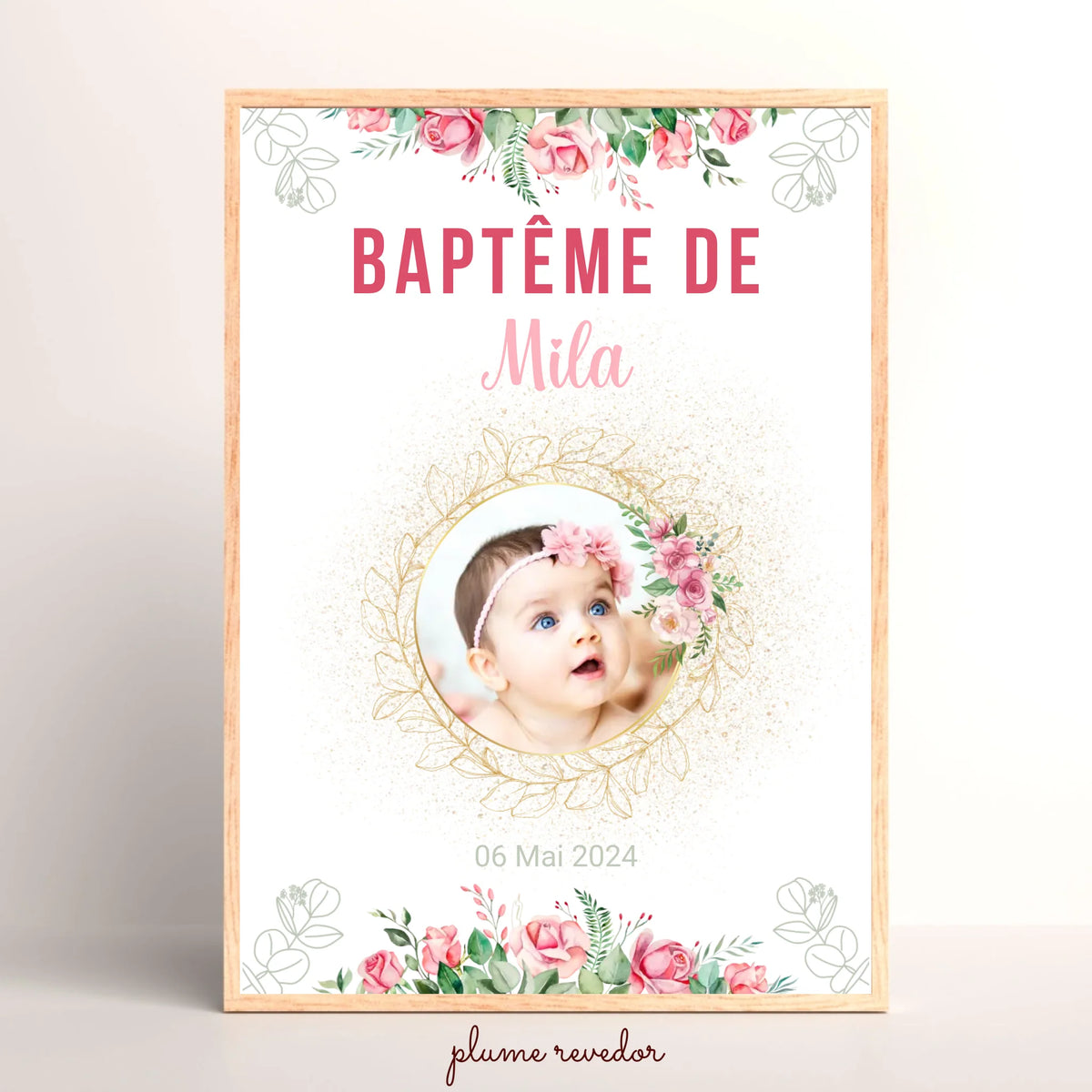 Affiche personnalisée Baptême ou Anniversaire arbre à empreintes baptême "Bohème Roses"