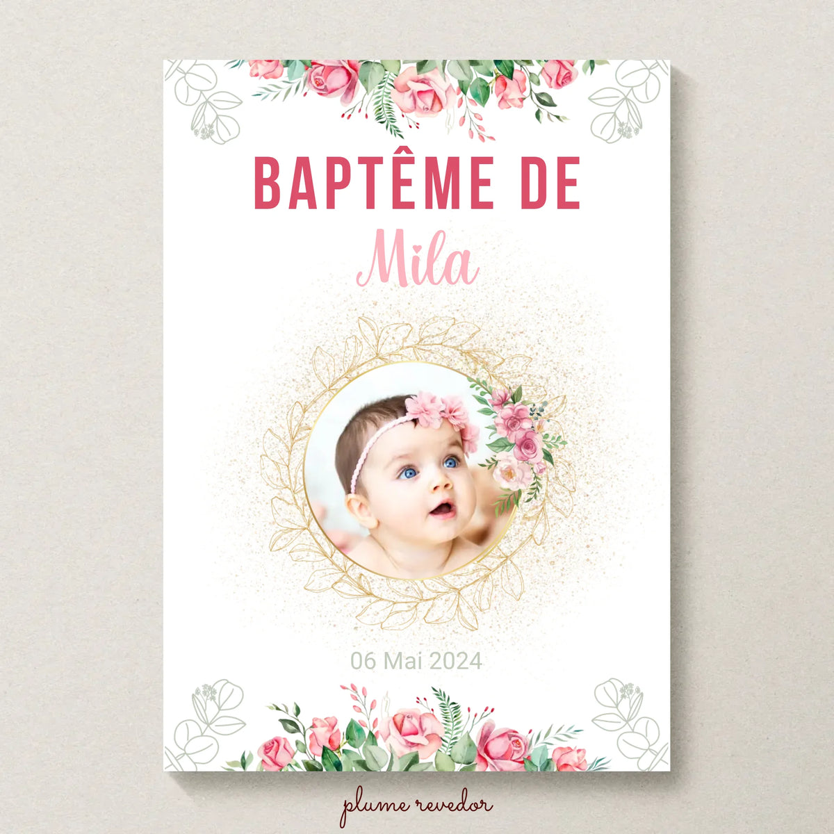 Affiche personnalisée Baptême ou Anniversaire arbre à empreintes baptême "Bohème Roses"