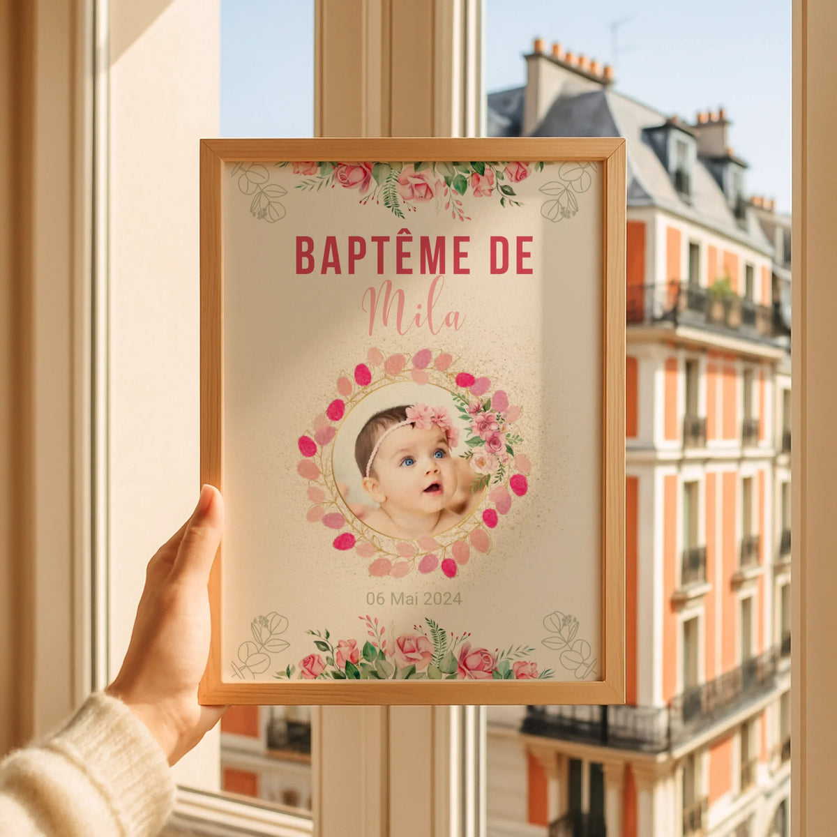 Affiche personnalisée Baptême ou Anniversaire arbre à empreintes baptême "Bohème Roses"