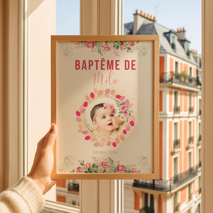 Affiche personnalisée Baptême ou Anniversaire arbre à empreintes baptême "Bohème Roses"