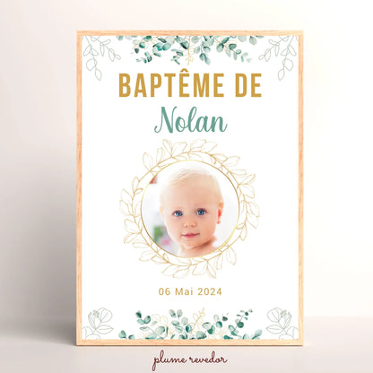 Affiche personnalisée Baptême ou Anniversaire arbre à empreintes "eucalyptus" avec photo