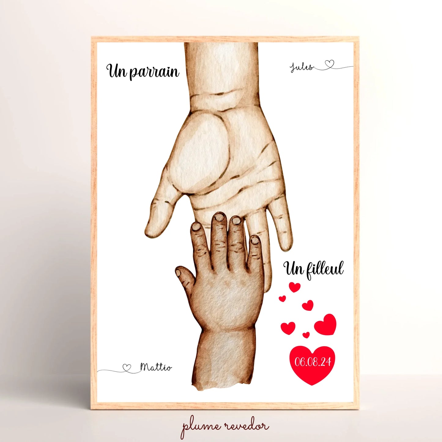 Affiche personnalisée - Mains Parrain Marraine Filleul(e) - Cadeau baptême