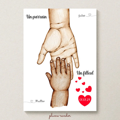Affiche personnalisée - Mains Parrain Marraine Filleul(e) - Cadeau baptême