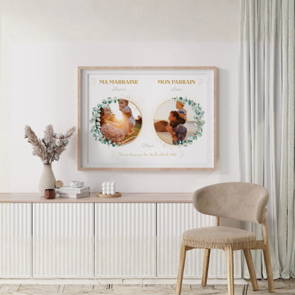 Affiche personnalisée - parrain et marraine avec photos - Baptême champêtre bohème EUCALYPTUS