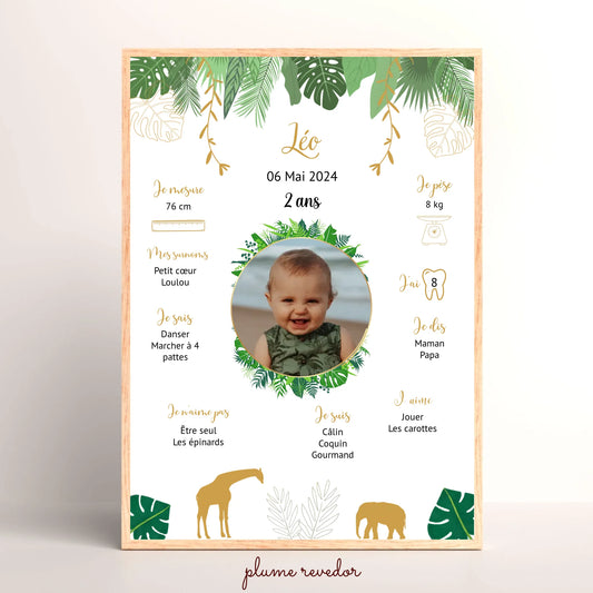 Affiche personnalisée - Anniversaire Baptême Jungle Girafe éléphant