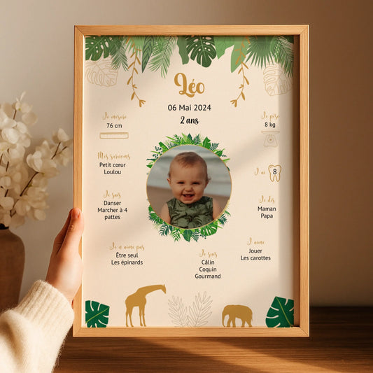 Affiche personnalisée - Anniversaire Baptême Jungle Girafe éléphant