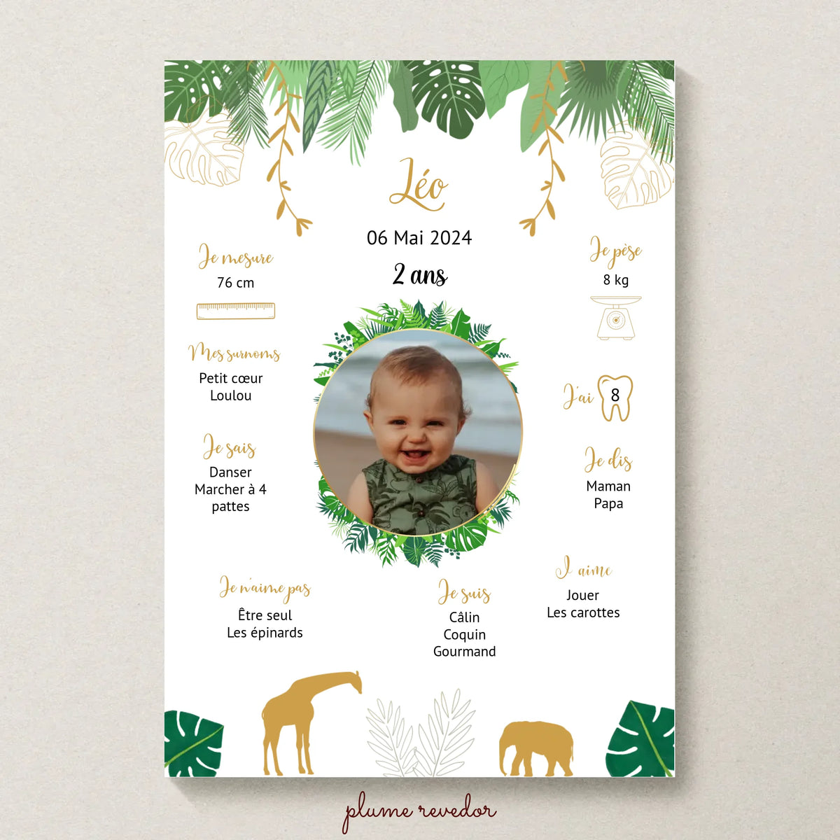 Affiche personnalisée - Anniversaire Baptême Jungle Girafe éléphant