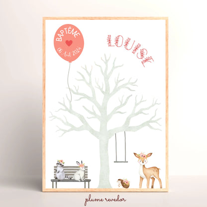 Affiche personnalisée - Baptême ou Anniversaire arbre à empreintes animaux de la forêt
