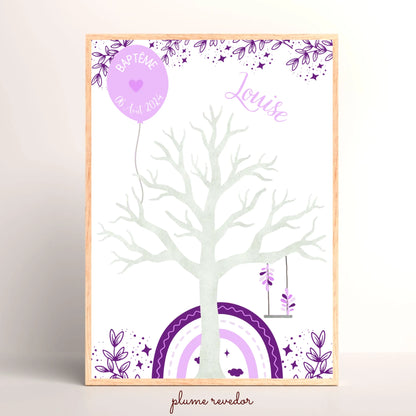 Affiche personnalisée - Baptême ou Anniversaire arbre à empreintes arc-en-ciel violet