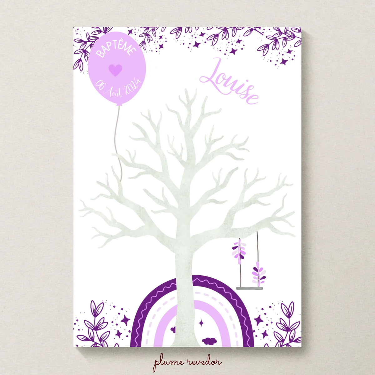 Affiche personnalisée - Baptême ou Anniversaire arbre à empreintes arc-en-ciel violet