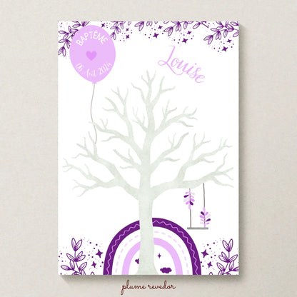 Affiche personnalisée - Baptême ou Anniversaire arbre à empreintes arc-en-ciel violet