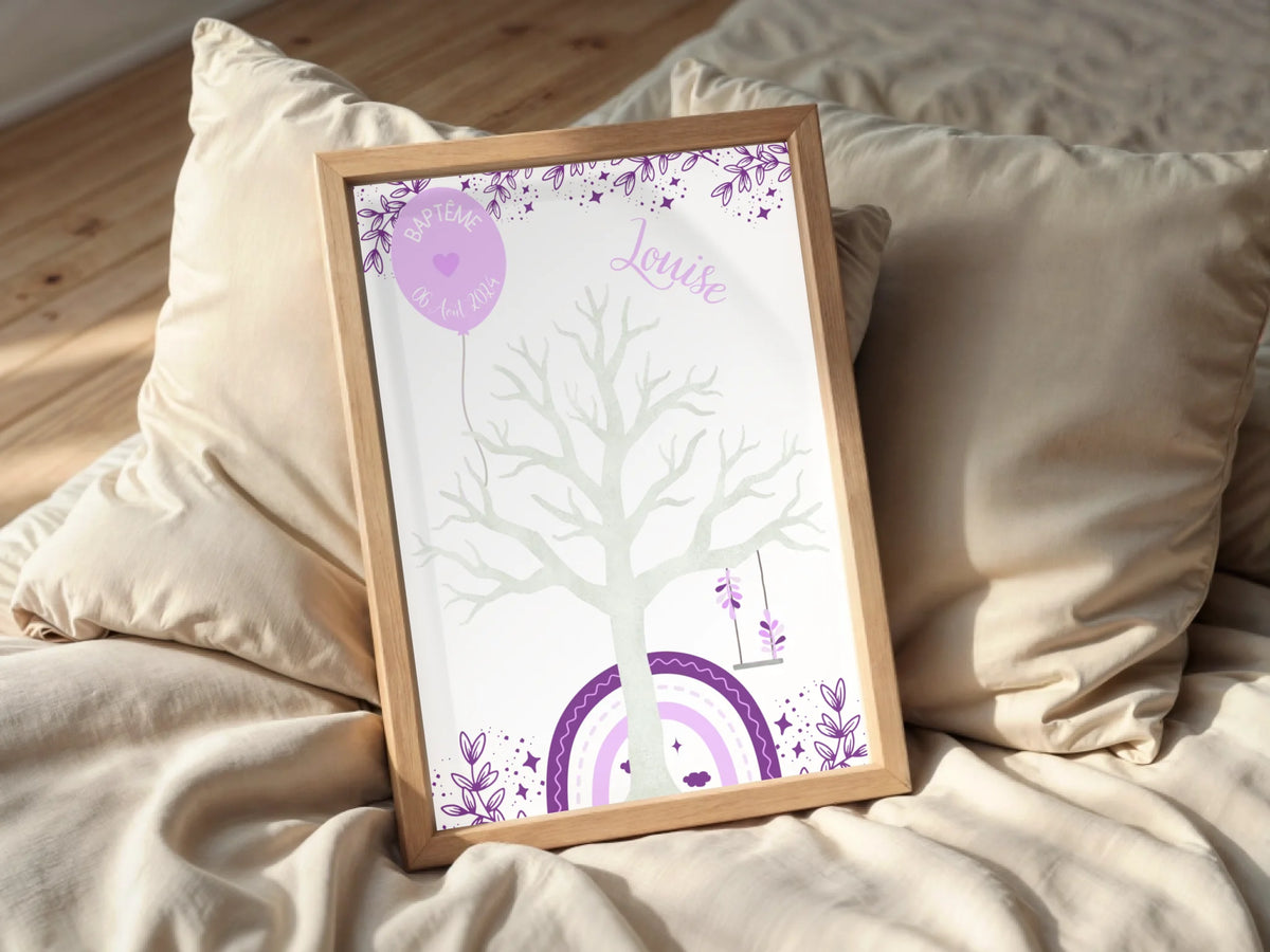 Affiche personnalisée - Baptême ou Anniversaire arbre à empreintes arc-en-ciel violet