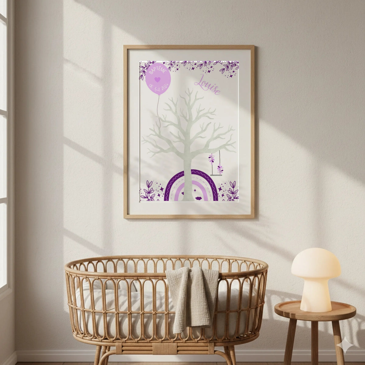 Affiche personnalisée - Baptême ou Anniversaire arbre à empreintes arc-en-ciel violet