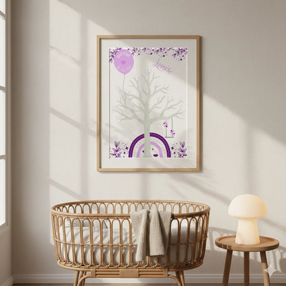 Affiche personnalisée - Baptême ou Anniversaire arbre à empreintes arc-en-ciel violet