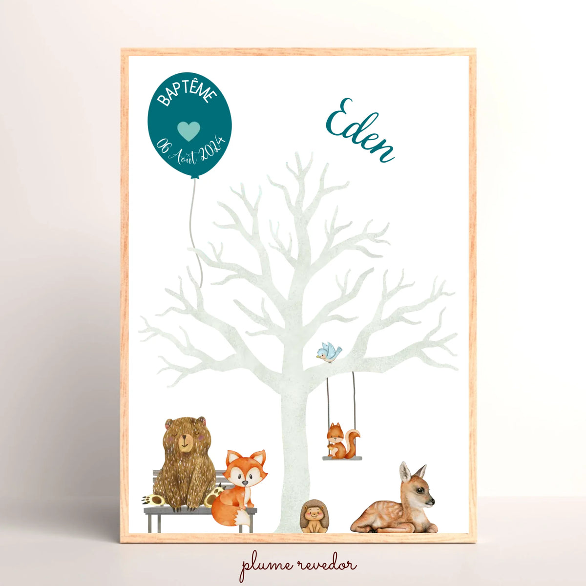 Affiche personnalisée - Baptême ou Anniversaire arbre à empreintes animaux de la forêt bleu