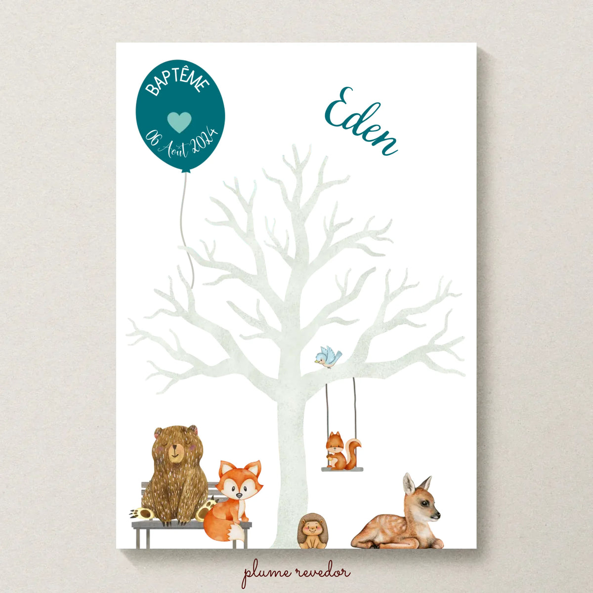 Affiche personnalisée - Baptême ou Anniversaire arbre à empreintes animaux de la forêt bleu