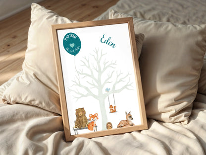 Affiche personnalisée - Baptême ou Anniversaire arbre à empreintes animaux de la forêt bleu