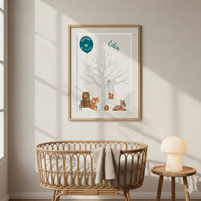 Affiche personnalisée - Baptême ou Anniversaire arbre à empreintes animaux de la forêt bleu