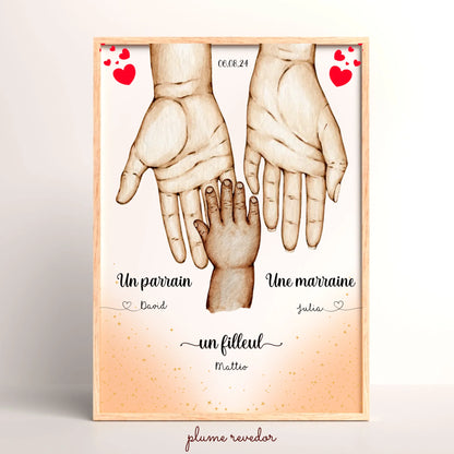 Affiche personnalisée - Main dans la main Parrain Marraine et Filleul(e) - Baptême