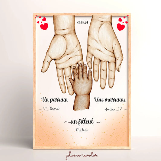 Affiche personnalisée - Main dans la main Parrain Marraine et Filleul(e) - Baptême